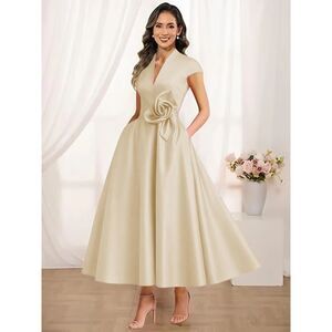 NWT Mother of the Bride Formal Satin Formal Champagne Dress Med Cap Rosette